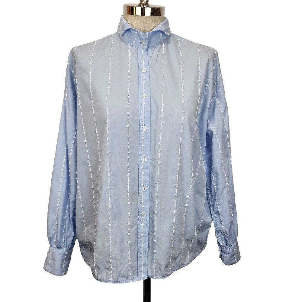 Tish Cox Button Up Blouse M/L Light Blue Swiss Dot Stripe‎ Cotton Oversized